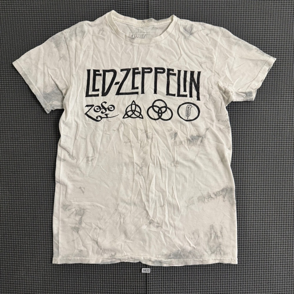 Led Zeppelin Four Symbols Graphic T-Shirt White Grey Tie Dye Mens XS Cotton